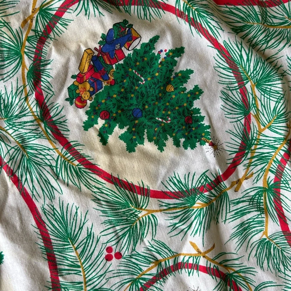 Red Fringe Holiday Table cloth round vintage 56 inches diameter Christmas tree